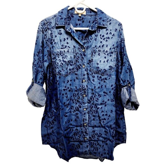 Side Stitch woman Blue Leopard Print Lyocell long Sleeve Shirt Size XS - Picture 1 of 13
